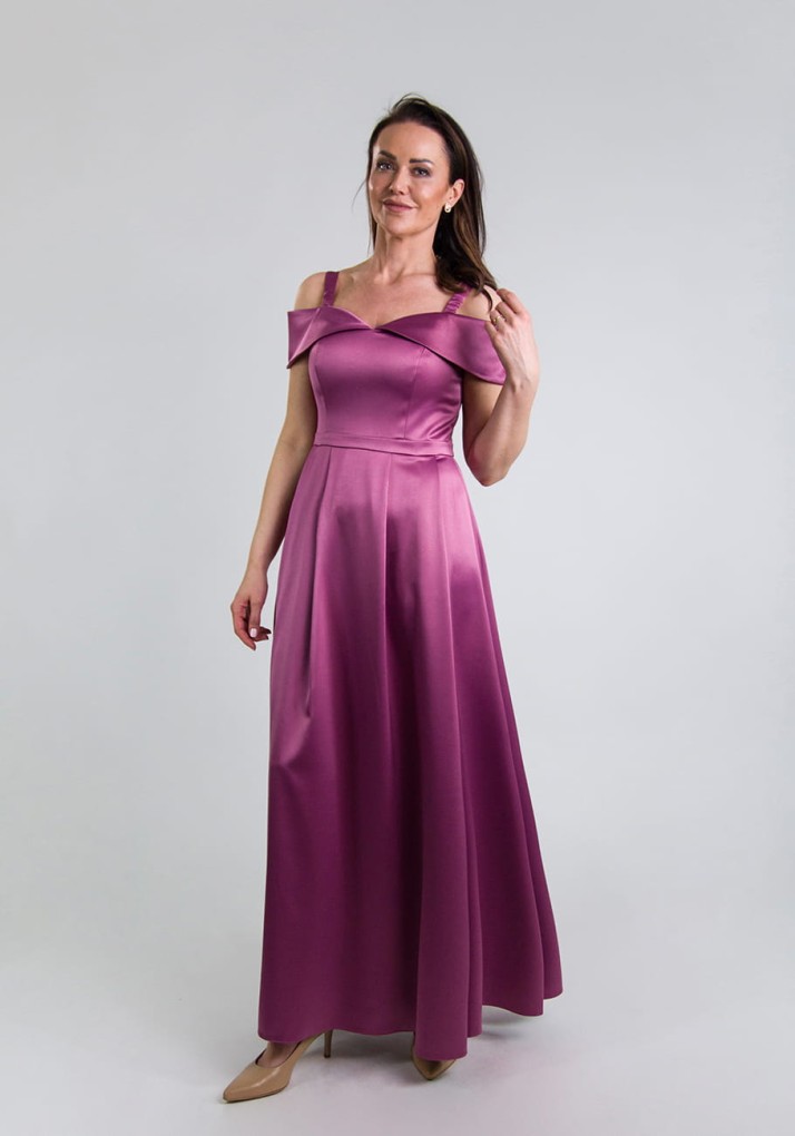 Carmen – Satynowa Sukienka Maxi w Śliwkowym Różu na Wesele