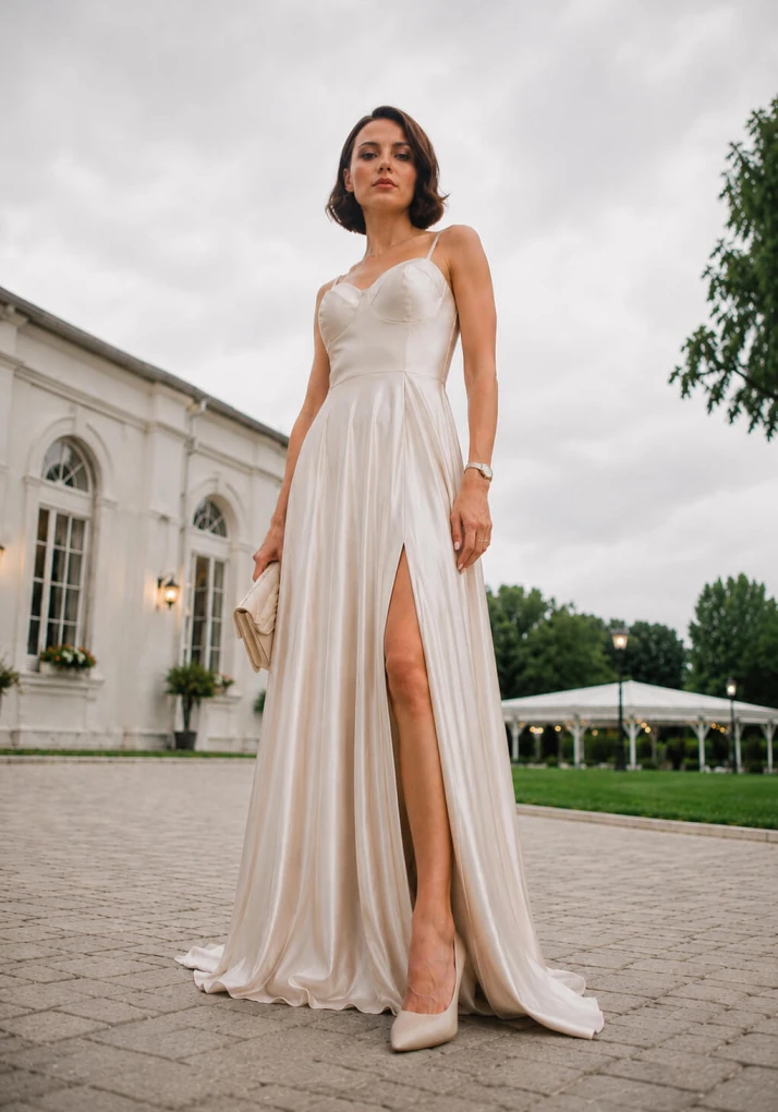 Satynowa sukienka gorsetowa maxi Grace – jasnobeżowa