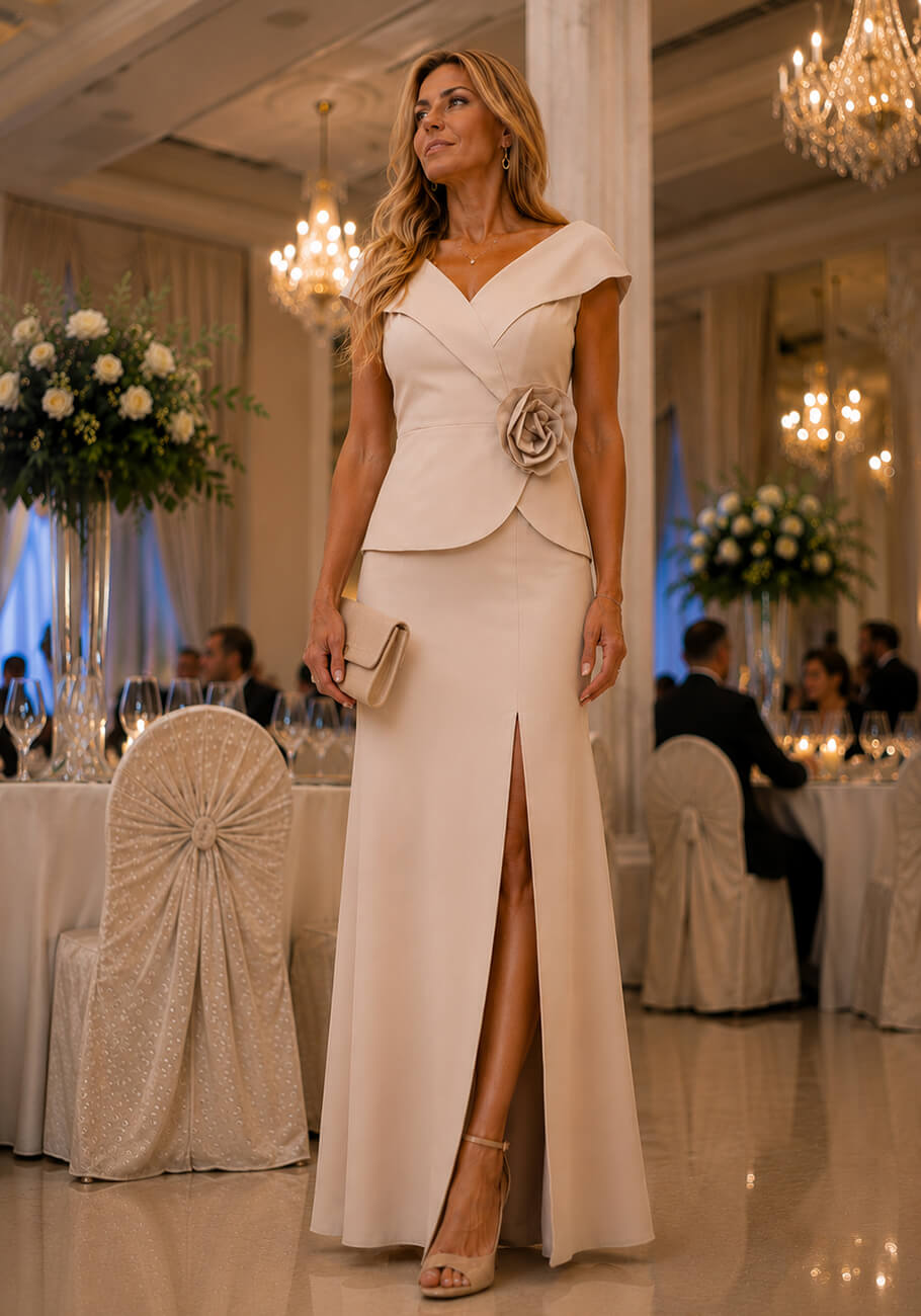Bella – Elegancka Beżowo-Złota Sukienka Maxi dla Mamy Weselnej z Baskinką stormfashion 4.jpg