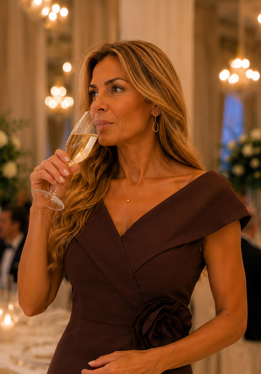 Bella – Elegancka Czekoladowa Sukienka Maxi dla Mamy Weselnej z Baskinką stormfashion 3.jpg