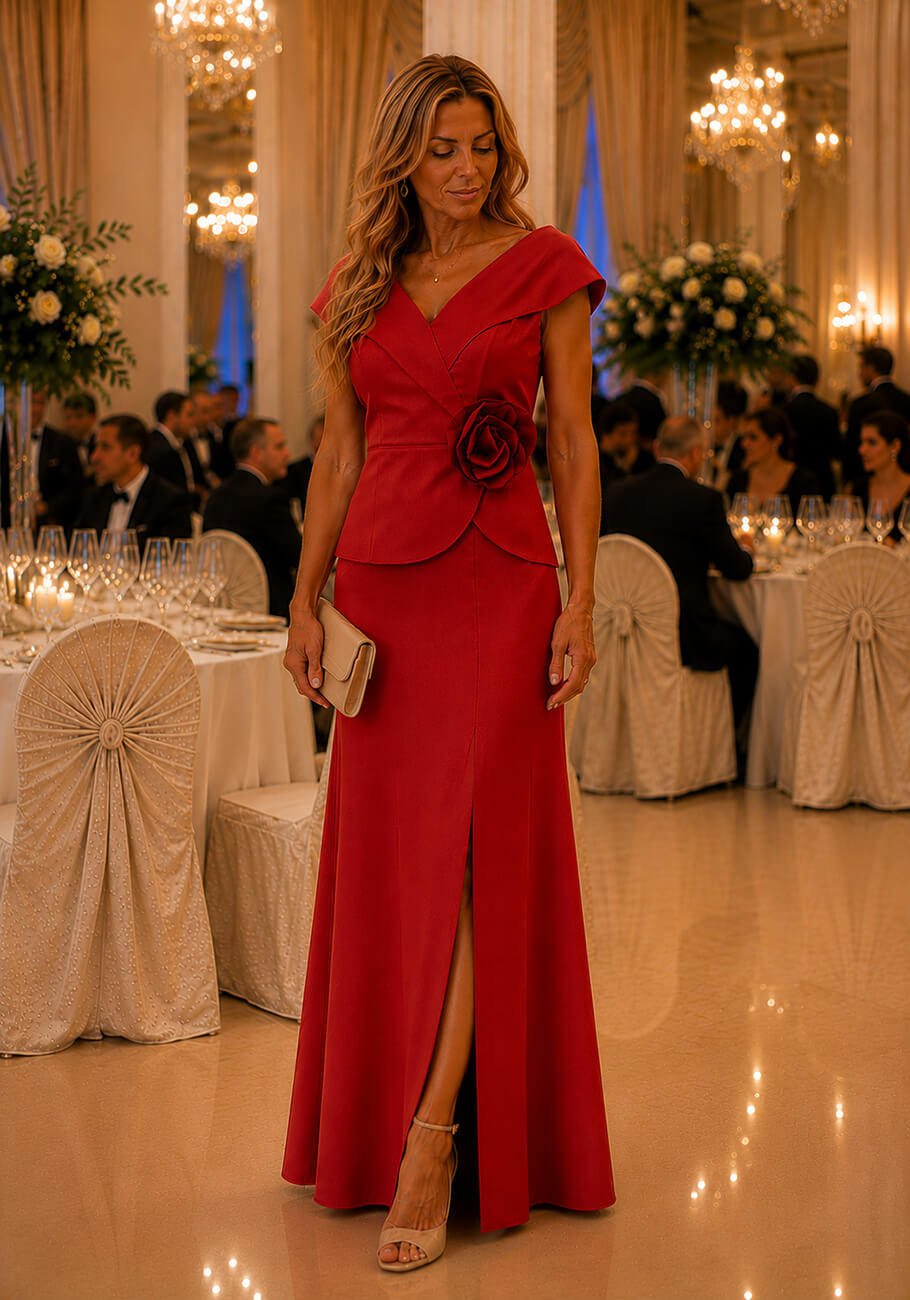 Bella – Elegancka Czerwona Sukienka Maxi dla Mamy Weselnej z Baskinką stormfashion 4.jpg