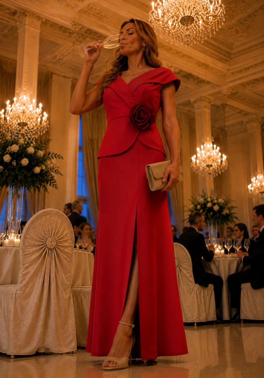 Bella – Elegancka Czerwona Sukienka Maxi dla Mamy Weselnej z Baskinką stormfashion 5.jpg